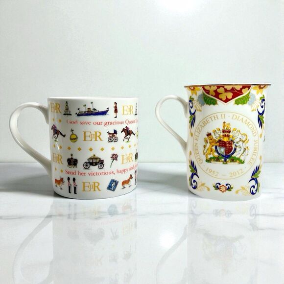 QUEEN Elizabeth Bone China Mugs s/2 Royal Worcester Diamond Jubille - Picture 1 of 8